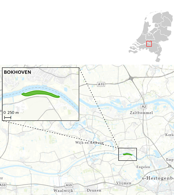Het maatregelgebied geul Bokhoven ten westen van 's-Hertogenbosch ingetekend op een kaart.